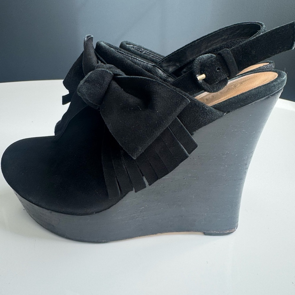 Nanette Lepore Black Suede Bow Fringe Wedge Sandals